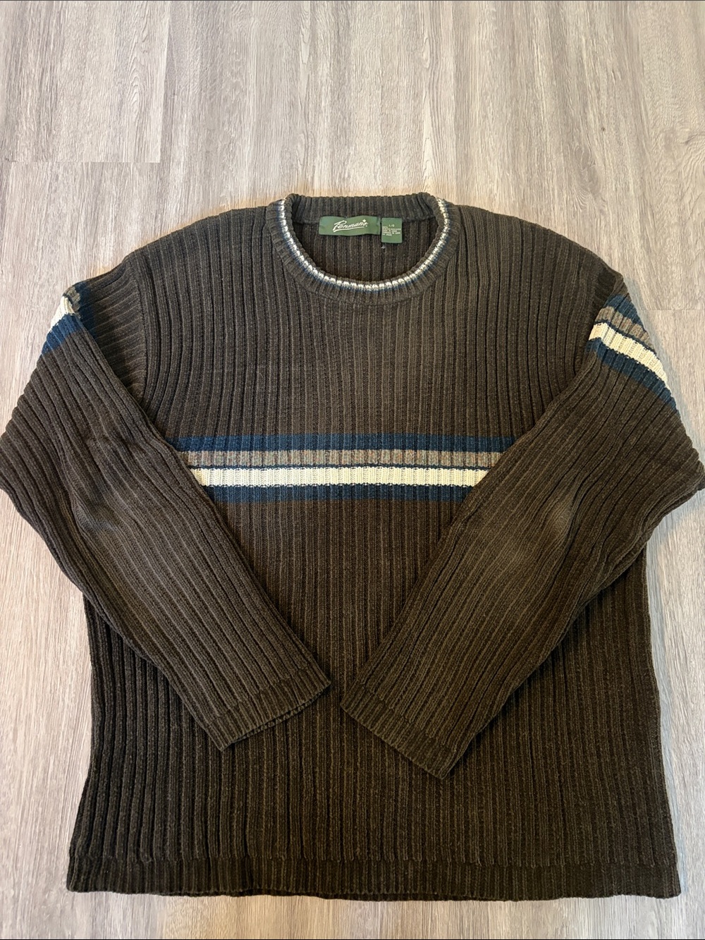 Ribbed Crewneck Sweater in Brown with Blue & Cream Stripes